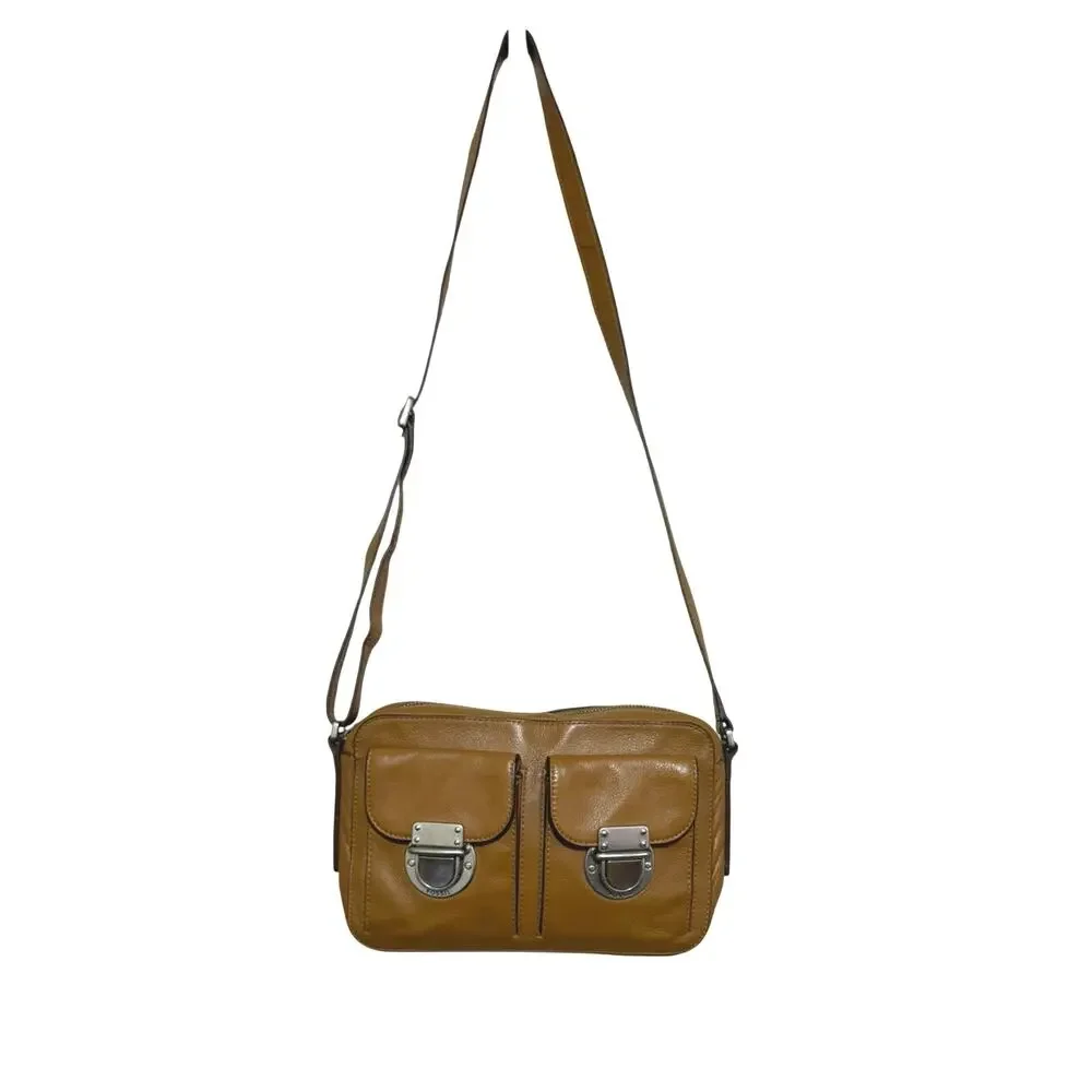 Fossil Riley Leather Crossbody Bag Adjustable Strap Camel Brown Silver Hardware - Picture 2 of 10